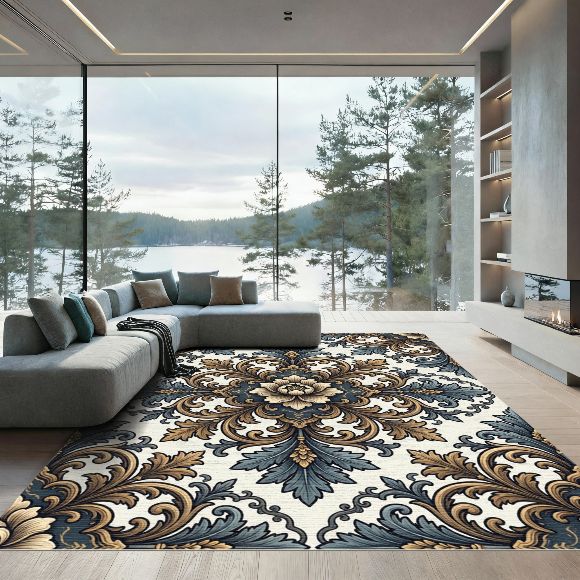 Elegant Slate and Gold Floral Damask Rug