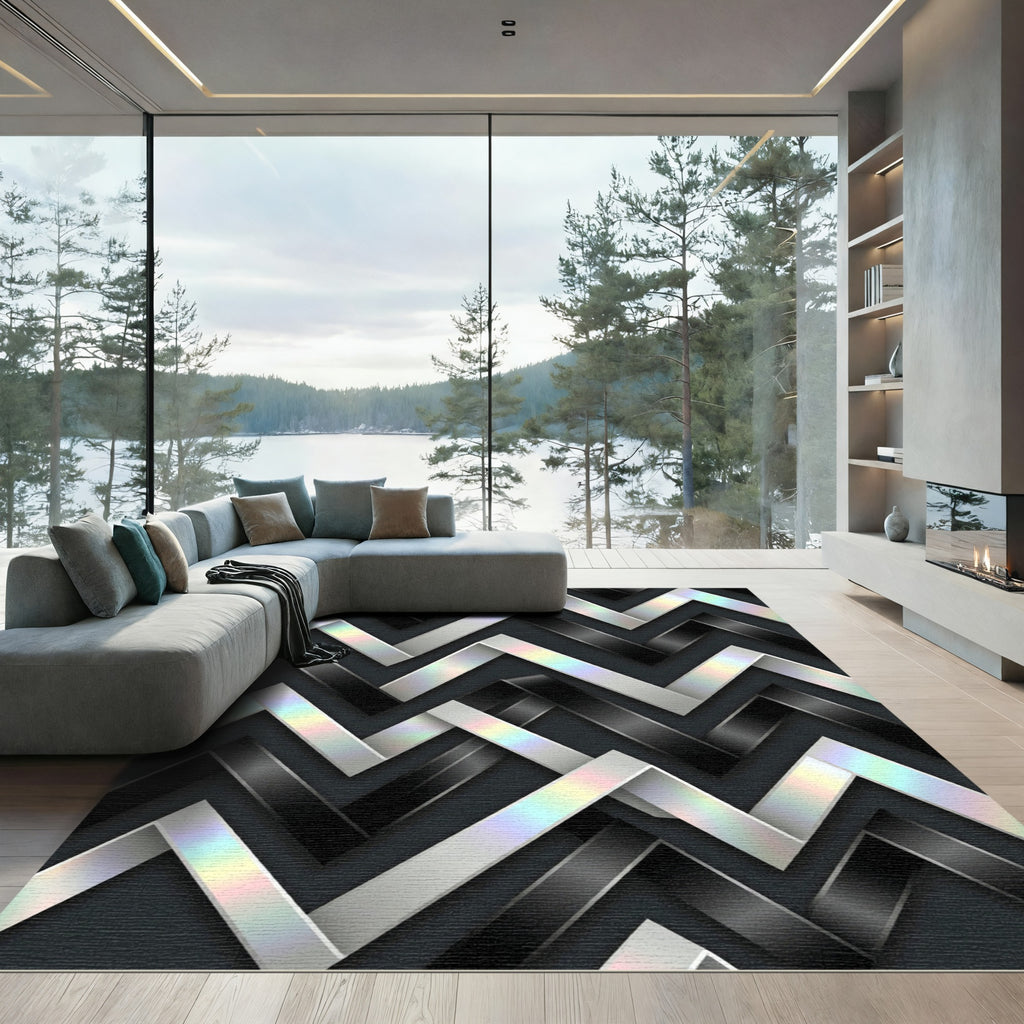 Monochrome Iridescent Metallic Zigzag Graphic Rug