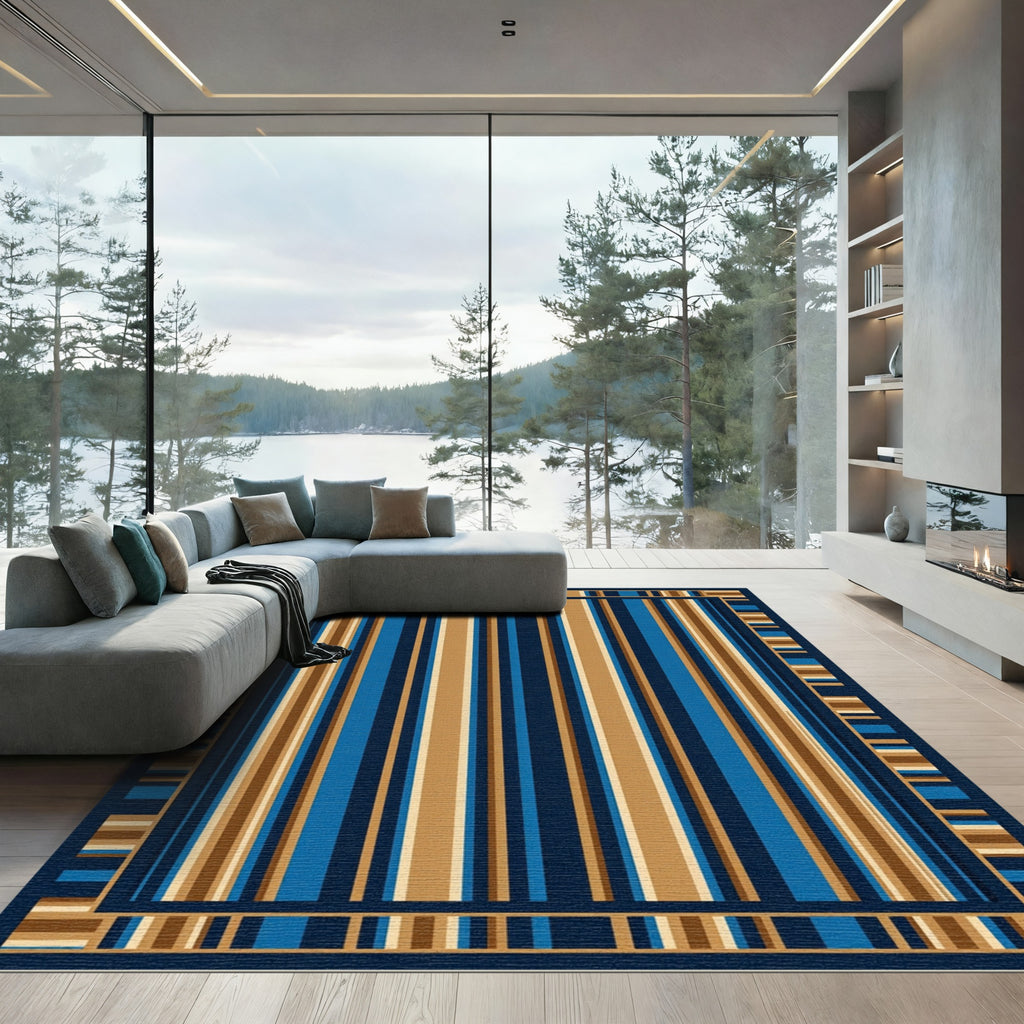 Deep Blue Ochre Striped Frame Rug