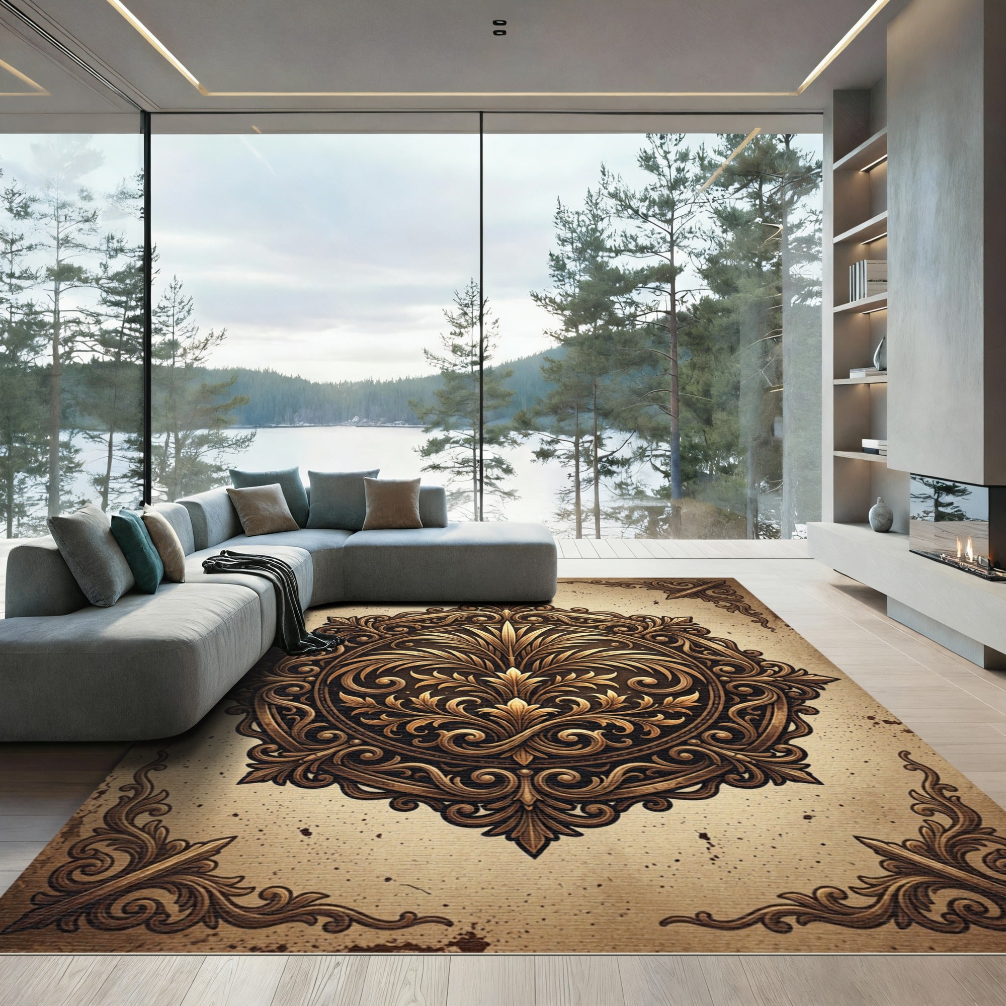 Ornate Vintage Gold Floral Medallion Rug