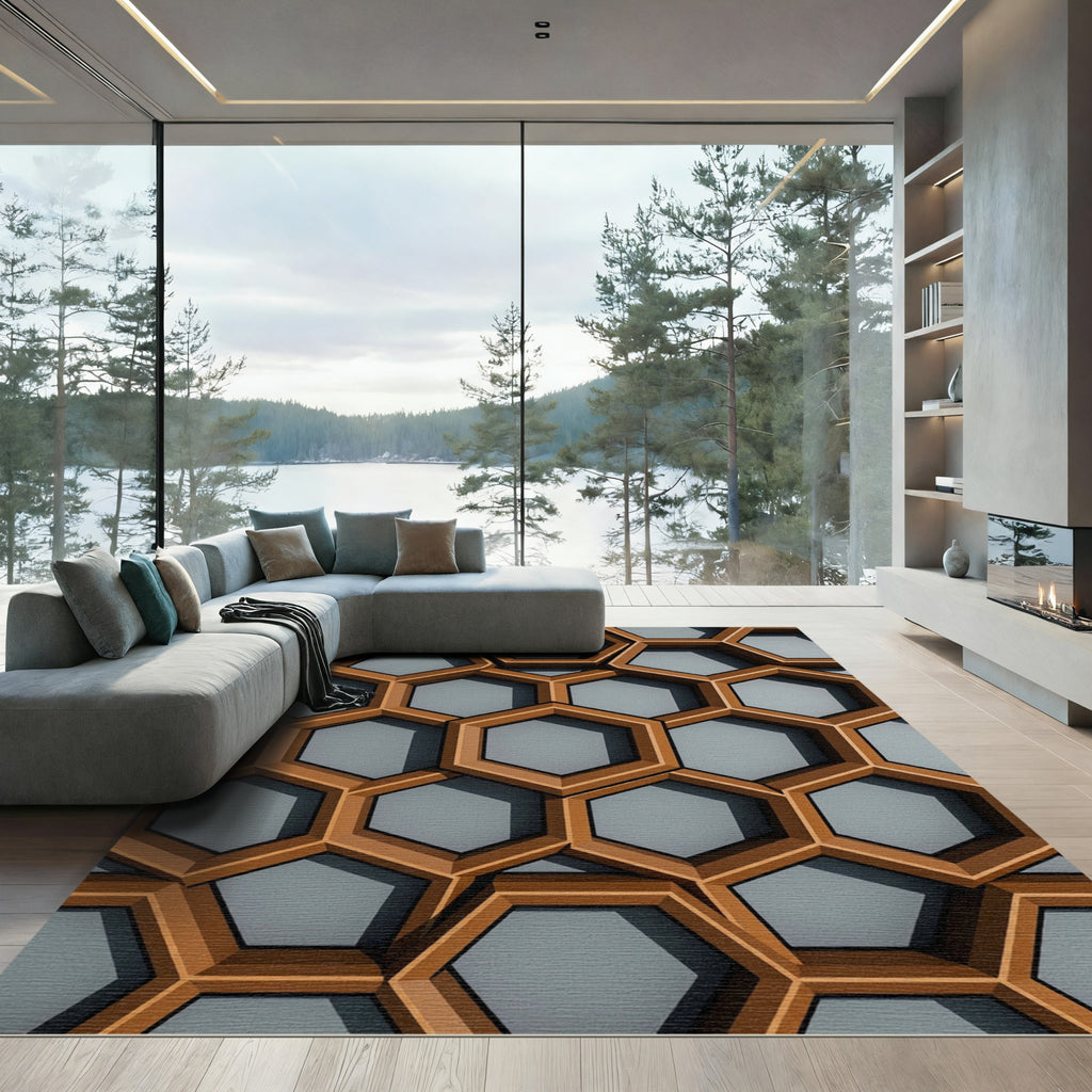 Copper and Gray Geometric Honeycomb Rug