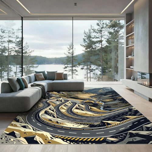 Abstract Winding Mountain Road Serpentine Landscape Rug