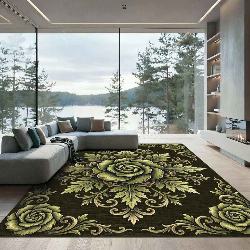 Ornate Sage Botanical Rose Medallion Rug