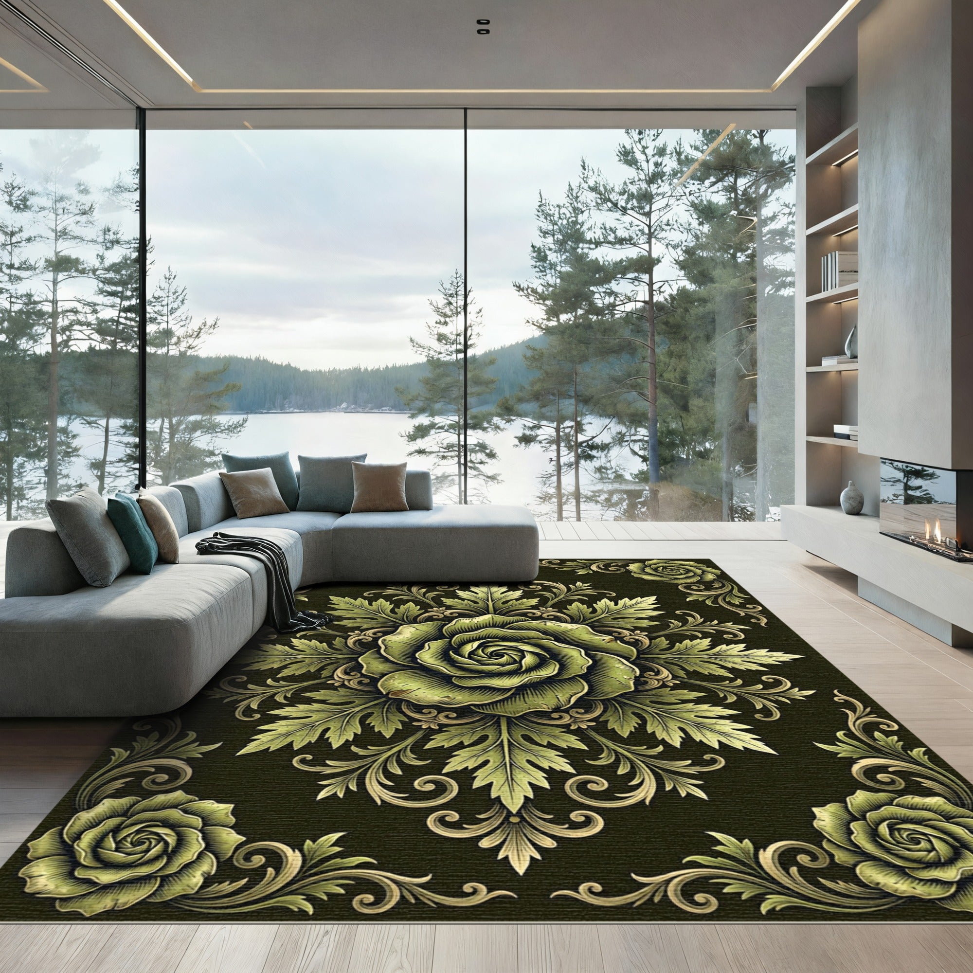 Ornate Sage Botanical Rose Medallion Rug