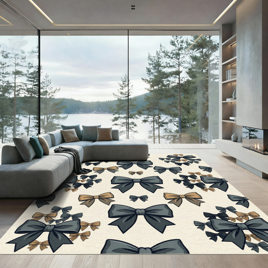 Elegant Charcoal and Bronze Ribbon Bows Rug