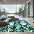 Geometric Blue Grid Botanical Abstract Rug