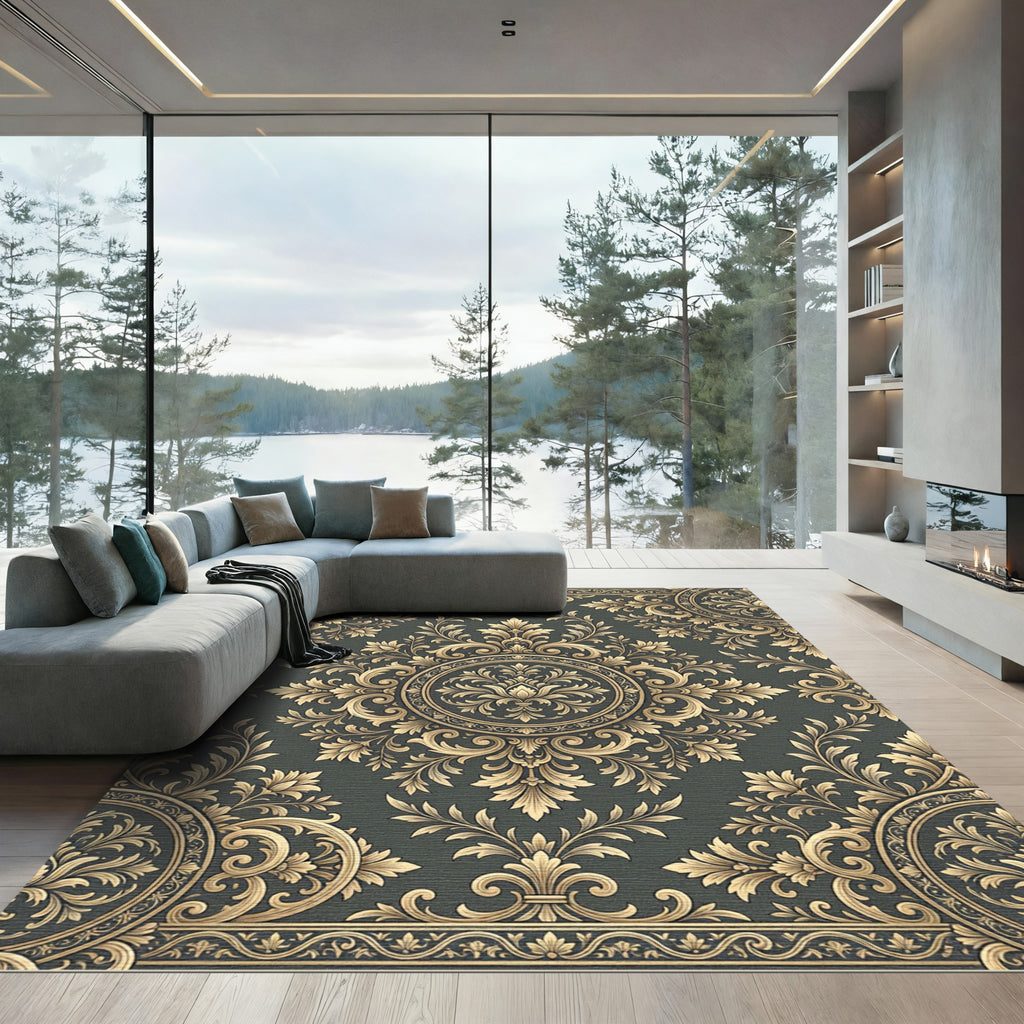 Elegant Gold Damask Charcoal Medallion Rug