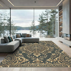 Elegant Gold Damask Charcoal Medallion Rug