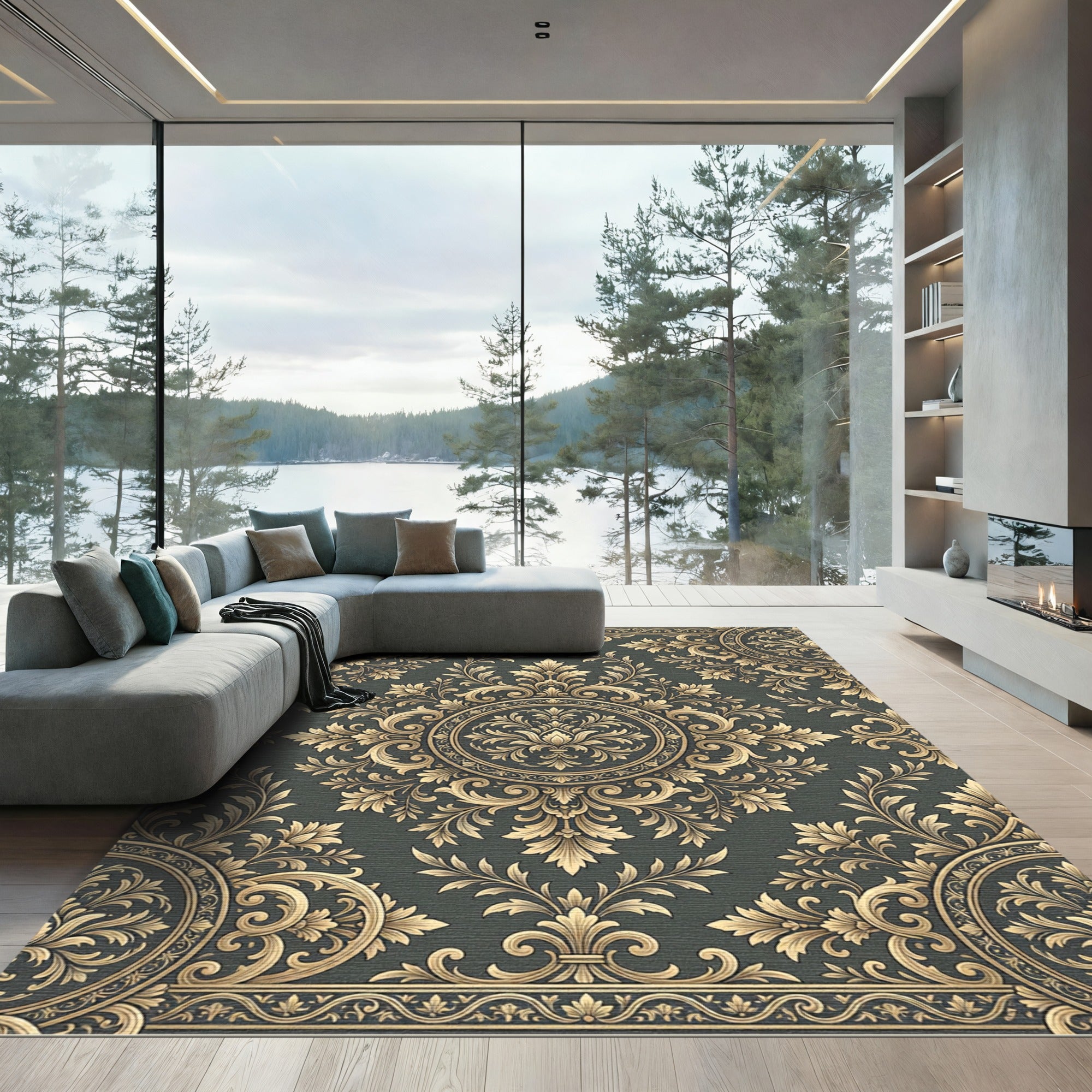 Elegant Gold Damask Charcoal Medallion Rug