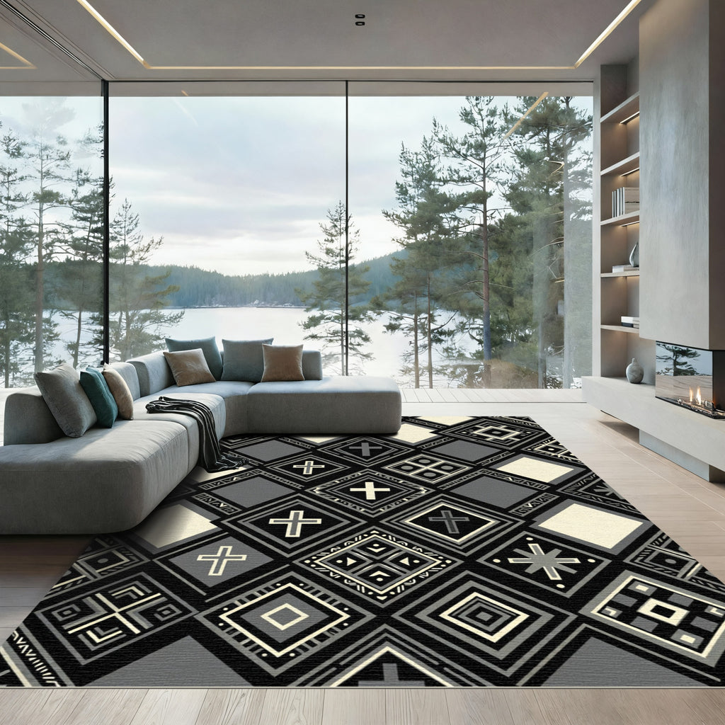 Monochromatic Cross Geometric Square Collage Rug