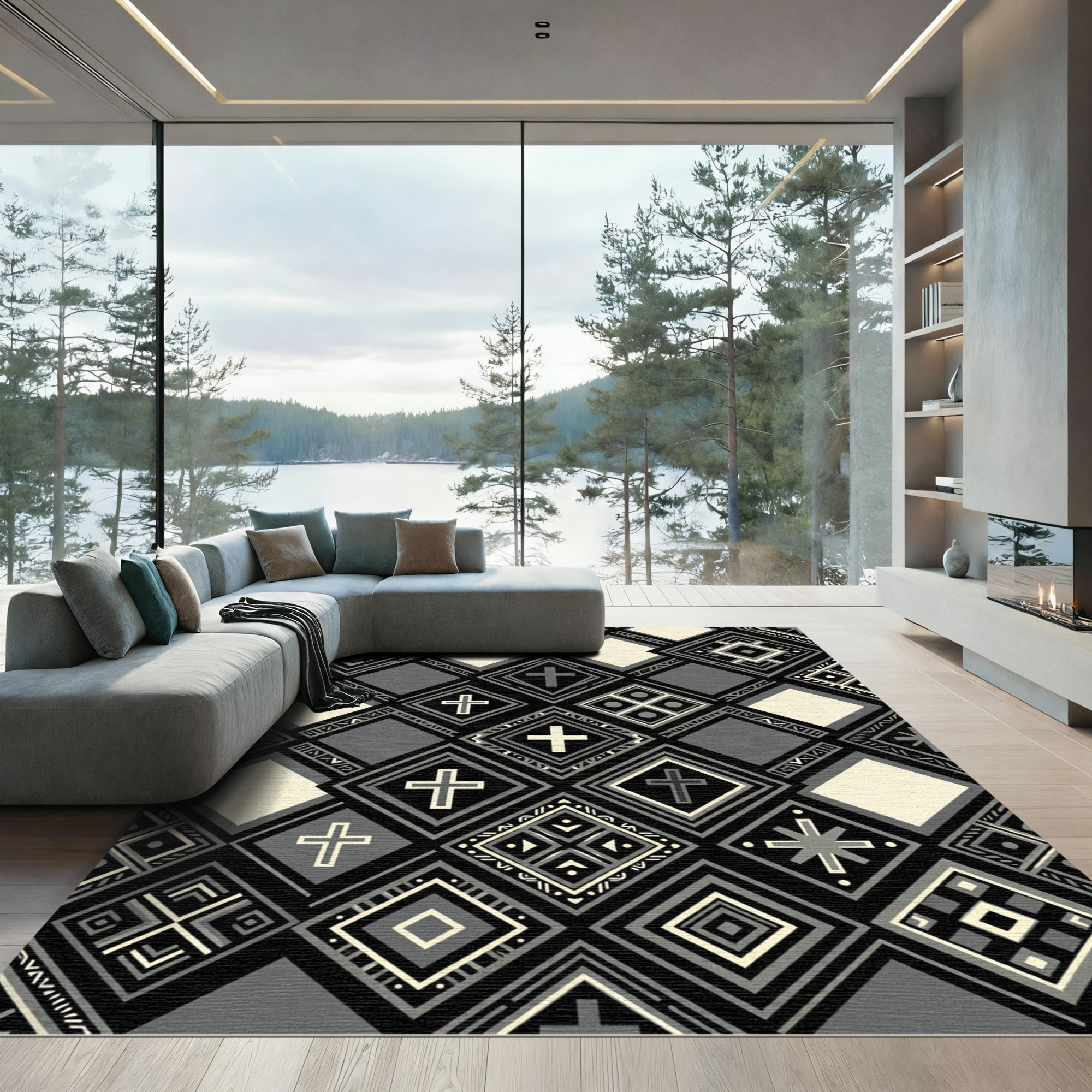 Monochromatic Cross Geometric Square Collage Rug