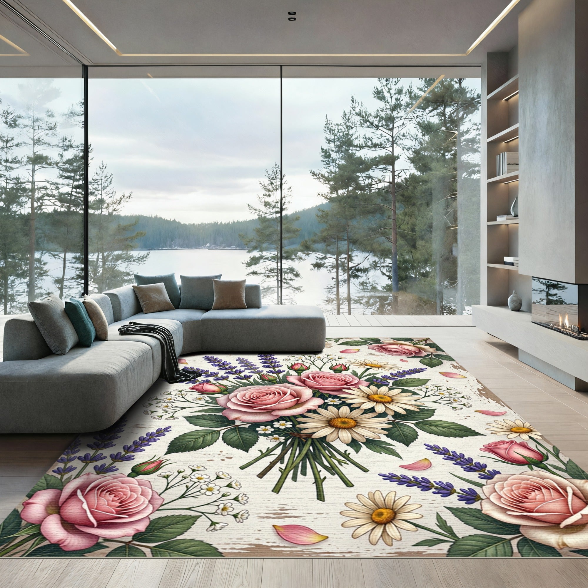 Romantic Pink Rose and Lavender Bouquet Rug