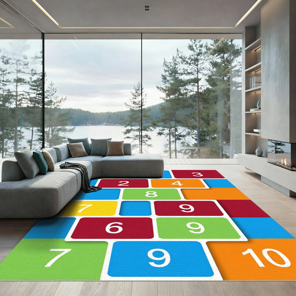 Colorful Geometric Number Grid Area Rug