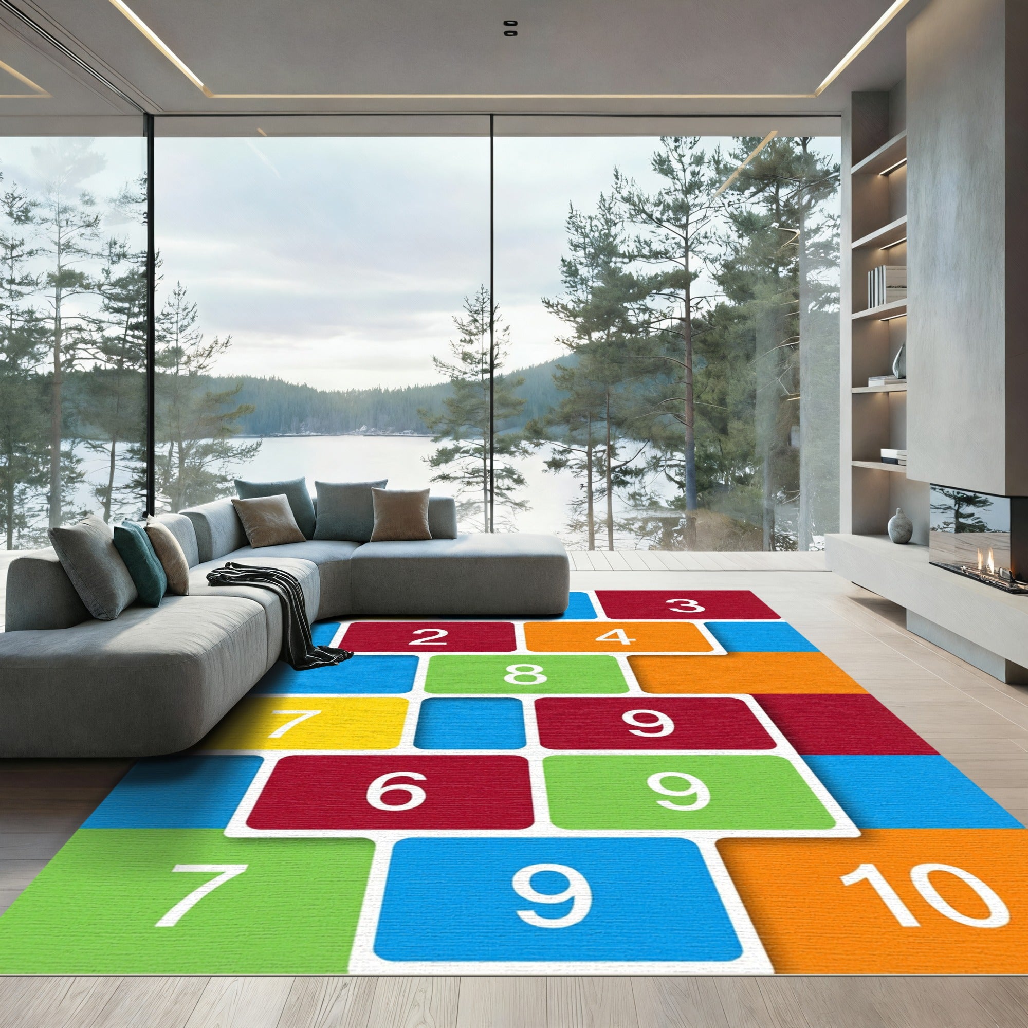 Colorful Geometric Number Grid Area Rug