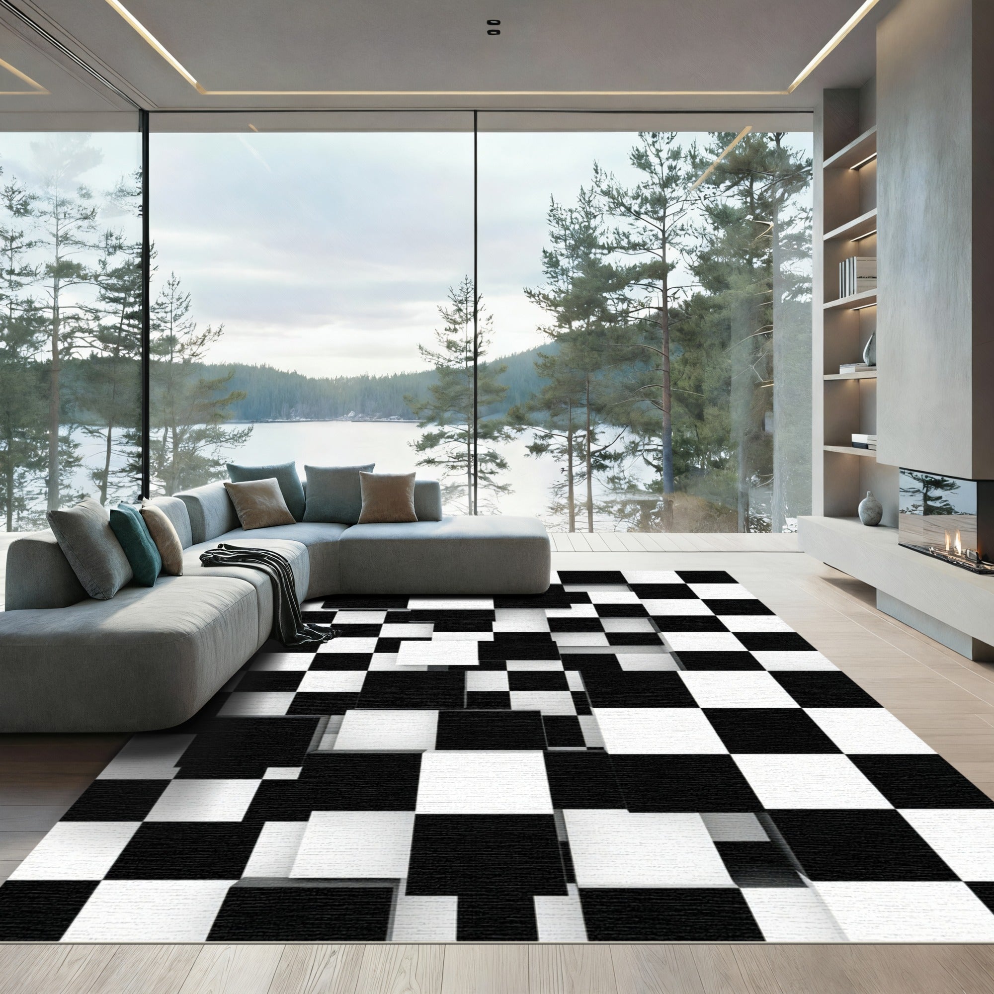 Modern Monochrome Three Dimensional Geometric Checkerboard Rug