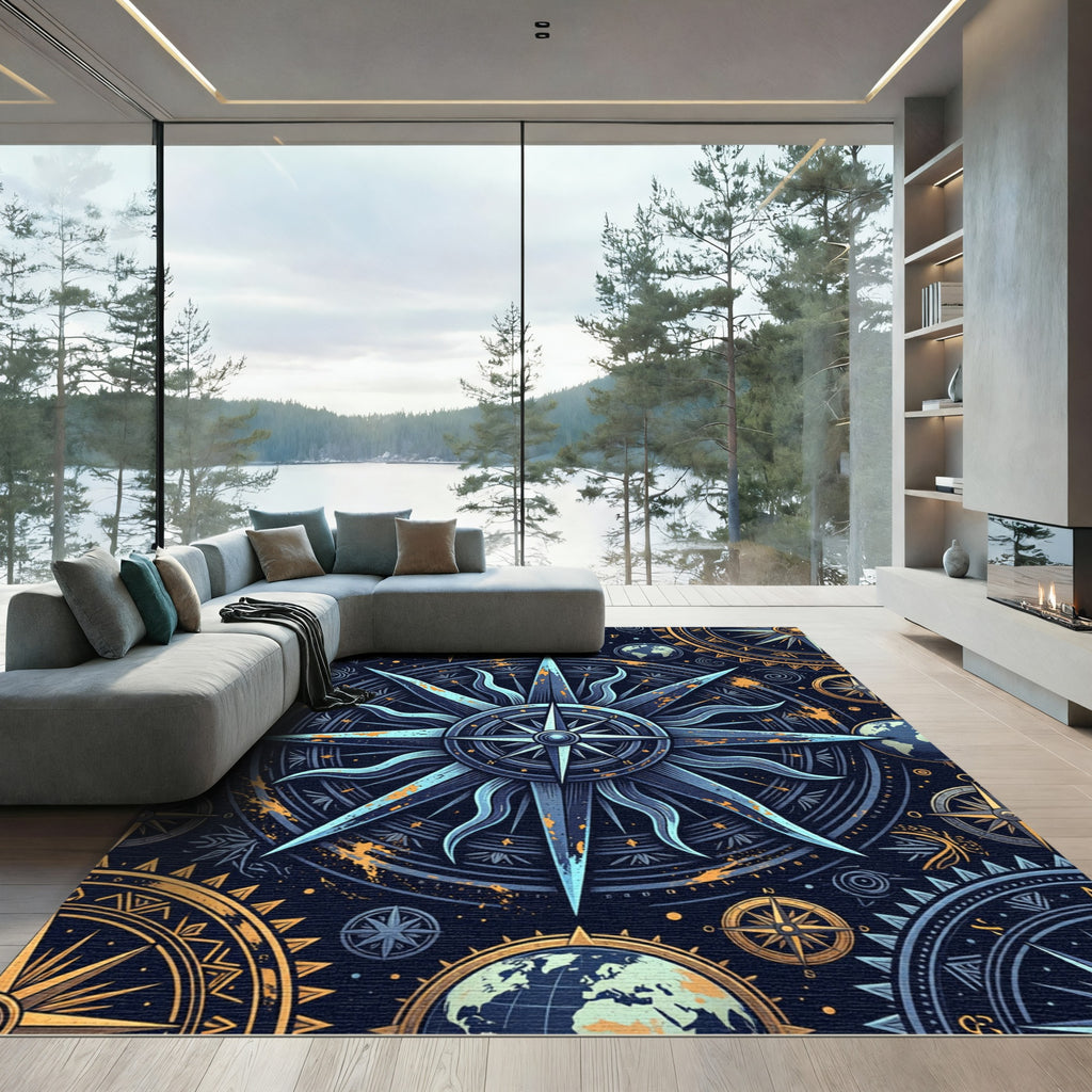 Celestial Compass Blue Gold Nautical Medallion Rug
