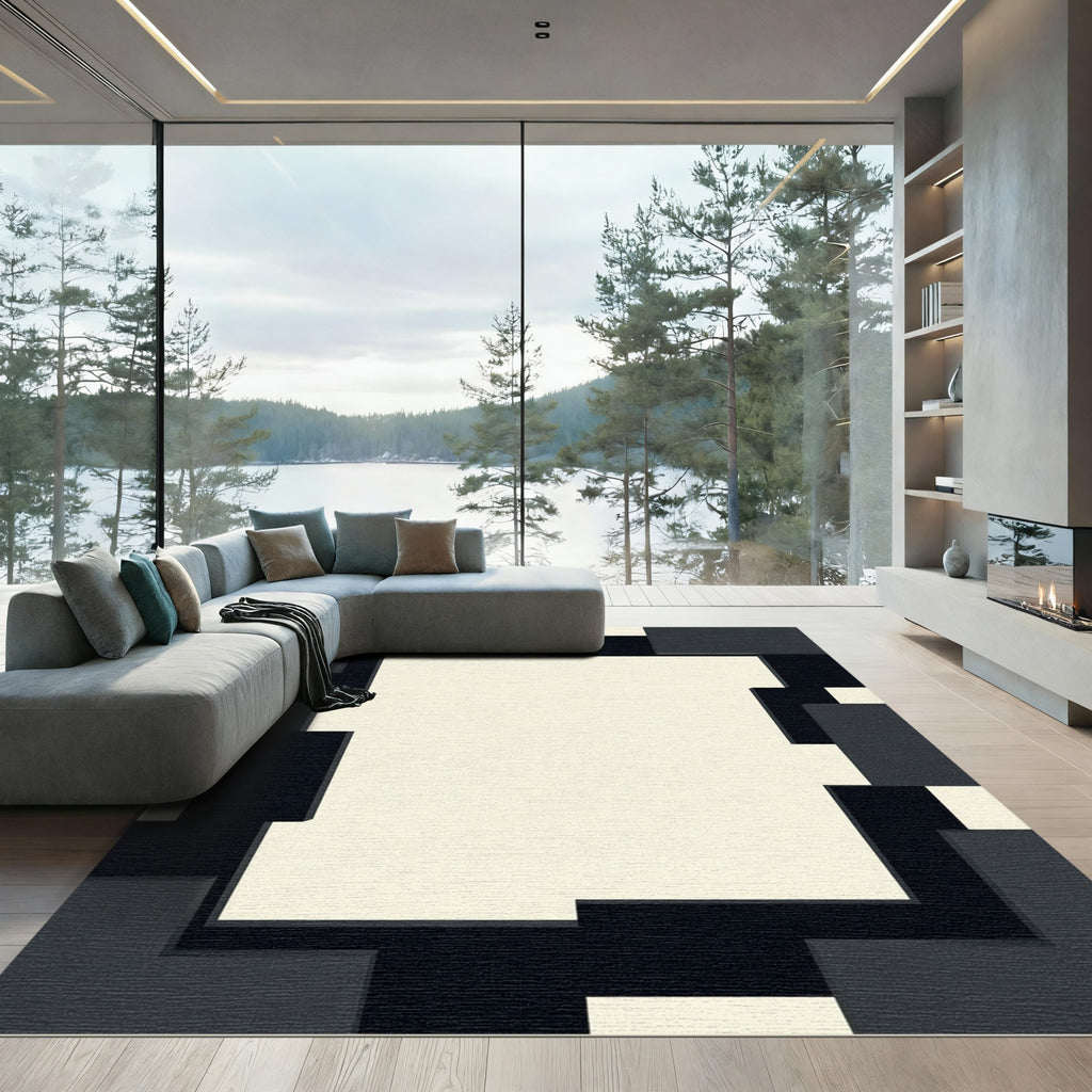 Modern Cream Black Geometric Block Rug