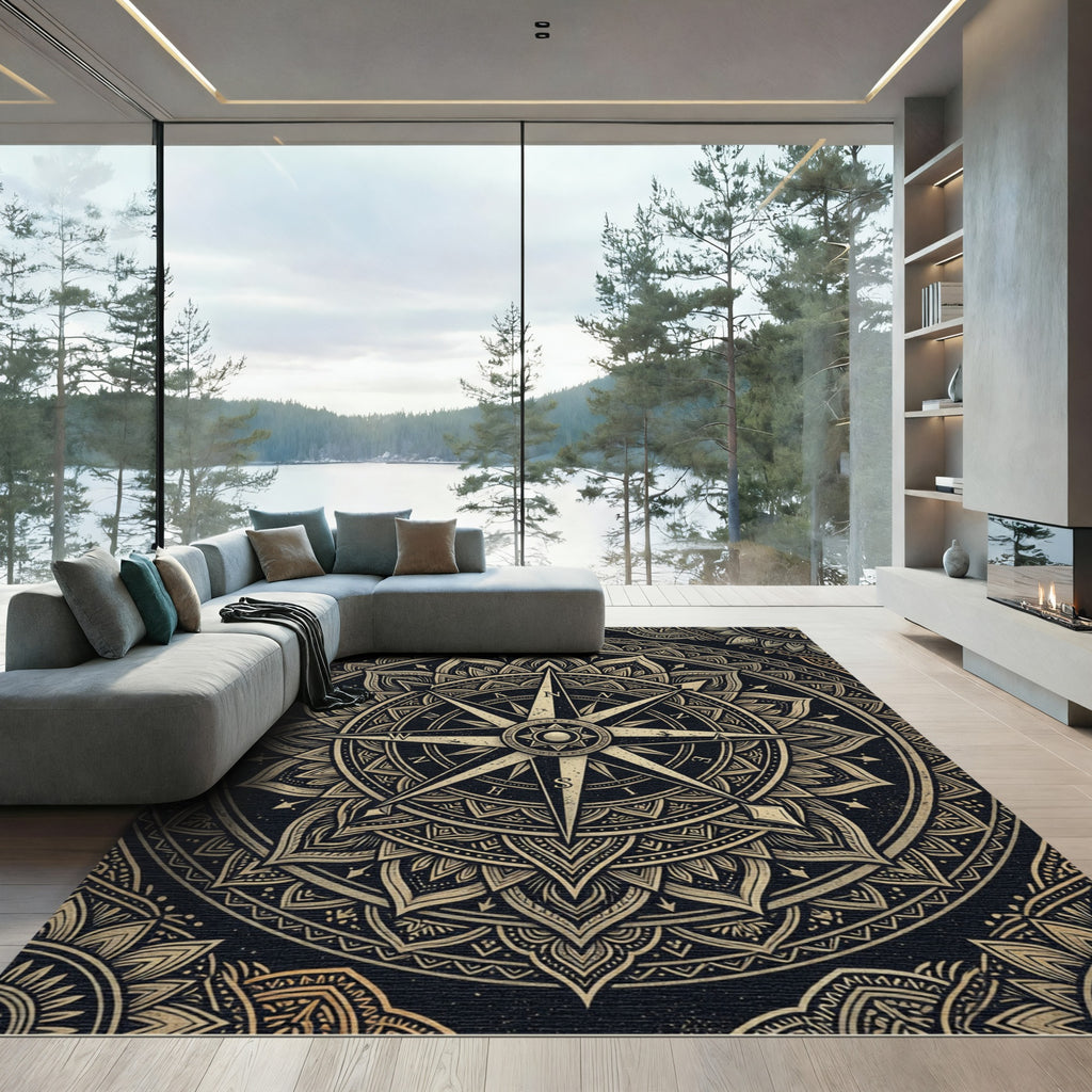 Golden Compass Mandala Black Area Rug
