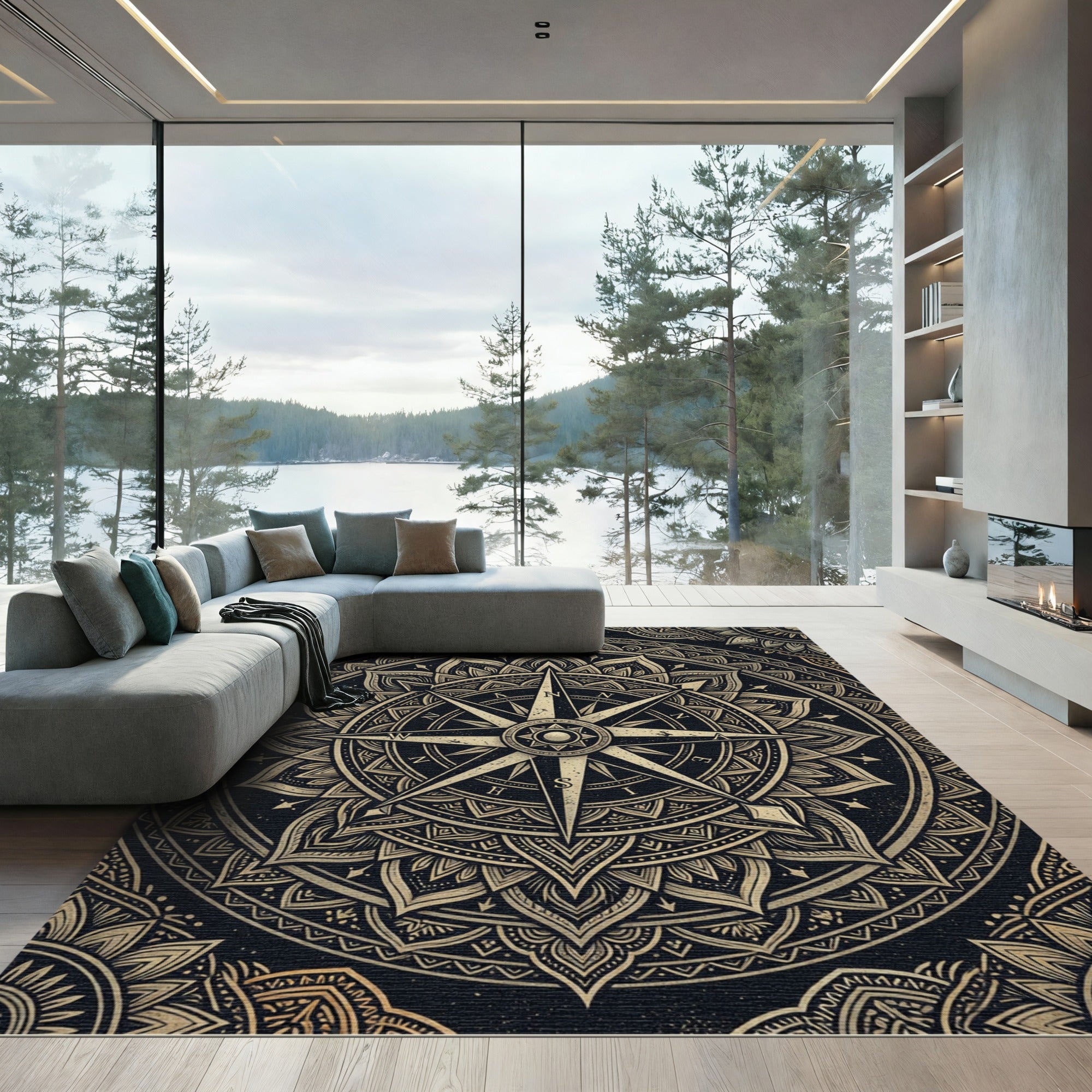 Golden Compass Mandala Black Area Rug
