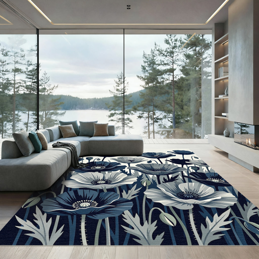 Midnight Blue Poppy Botanical Illustration Rug