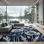 Midnight Blue Poppy Botanical Illustration Rug