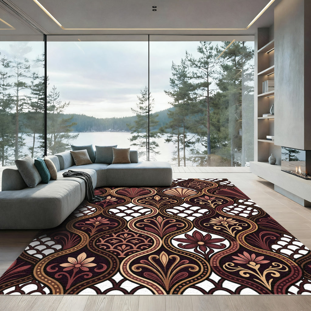 Ornate Earthy Floral Ogee Scallop Rug