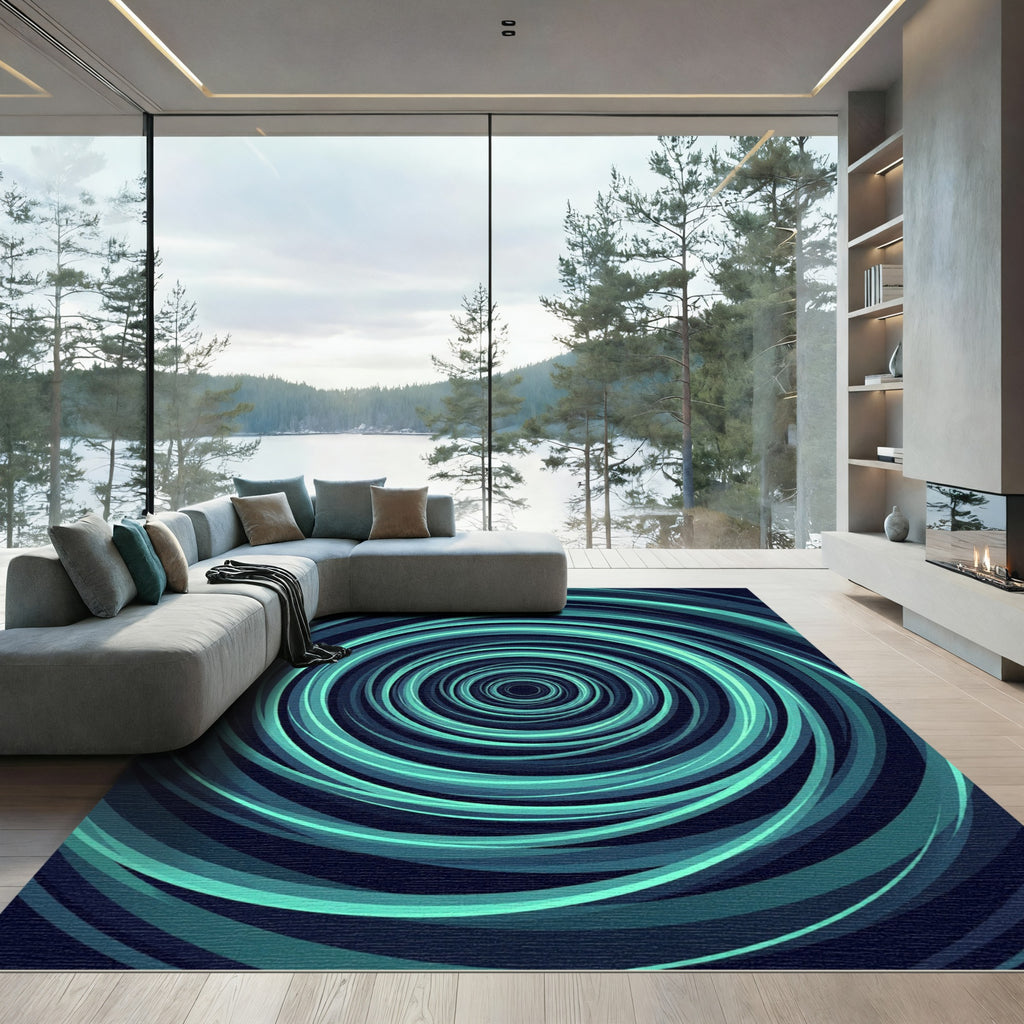 Modern Abstract Teal Circular Swirl Rug
