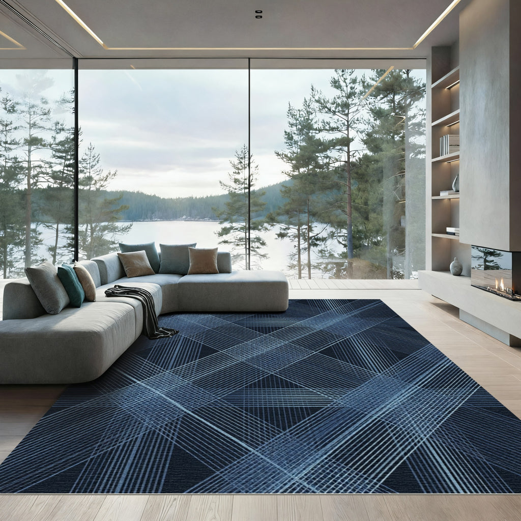 Modern Navy Blue Linear Grid Rug