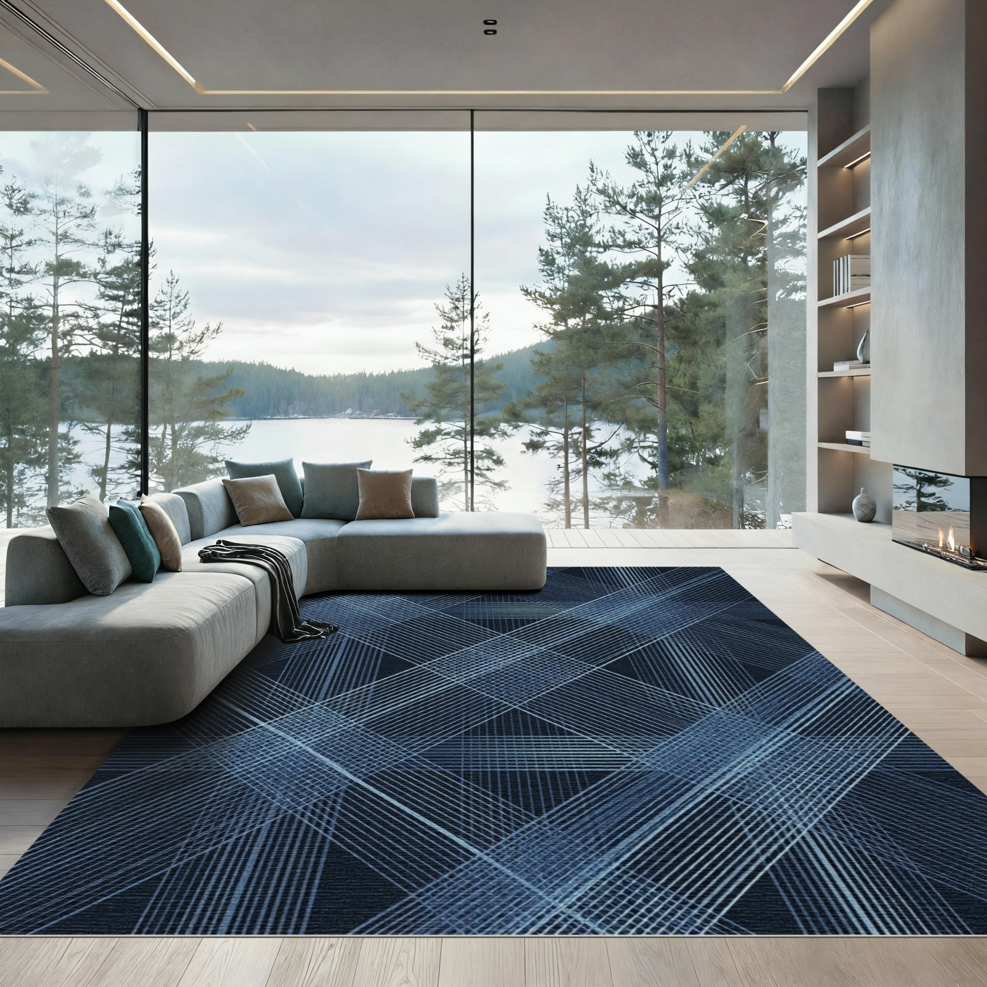 Modern Navy Blue Linear Grid Rug