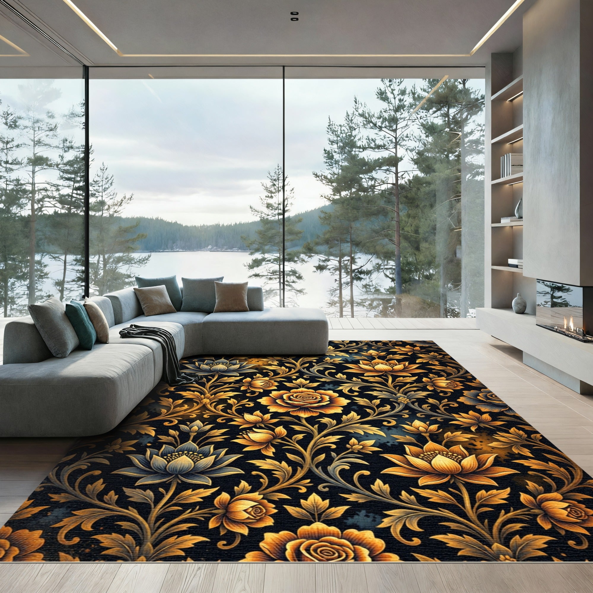 Golden Floral Vine Wallpaper Rug