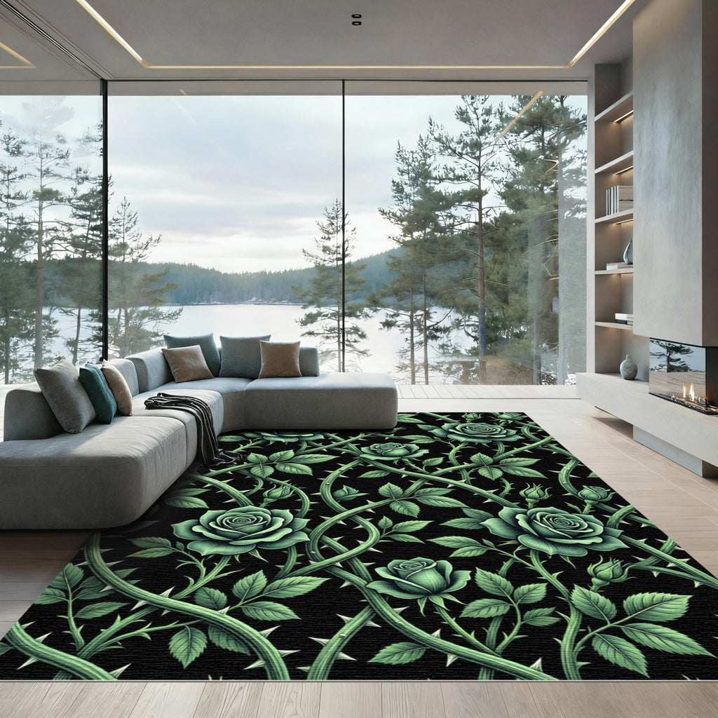 Gothic Emerald Rose and Thorns Rug