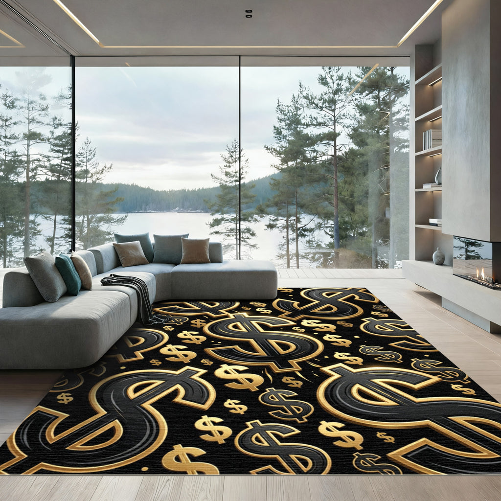 Golden Floating Currency Symbol Luxury Black Rug