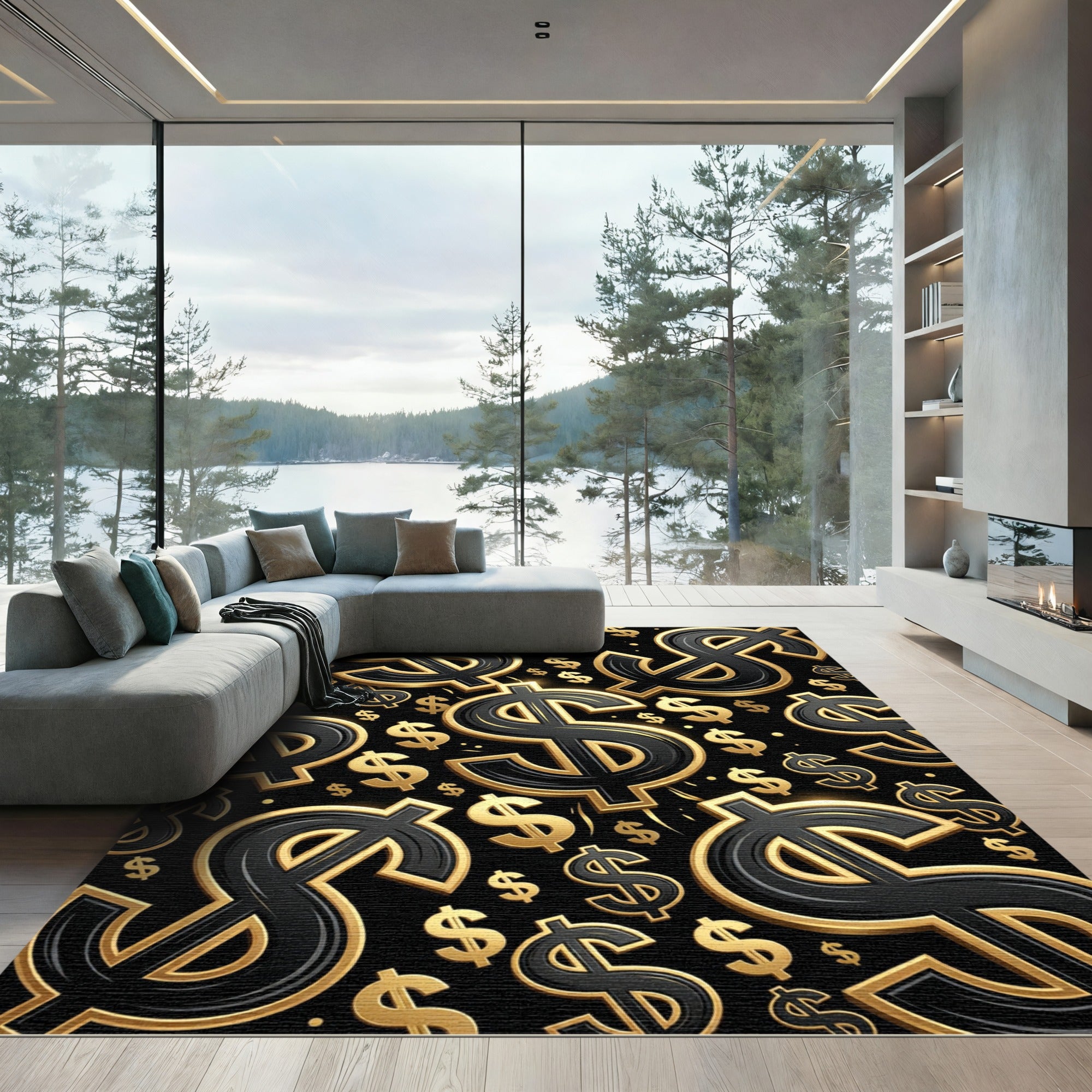 Golden Floating Currency Symbol Luxury Black Rug