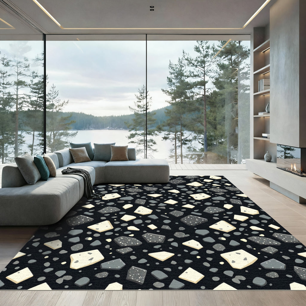 Modern Monochrome Terrazzo Speckled Stones Rug
