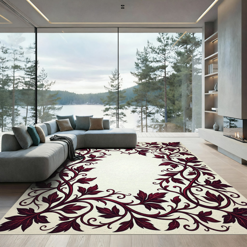 Deep Burgundy Acanthus Scroll Border Rug