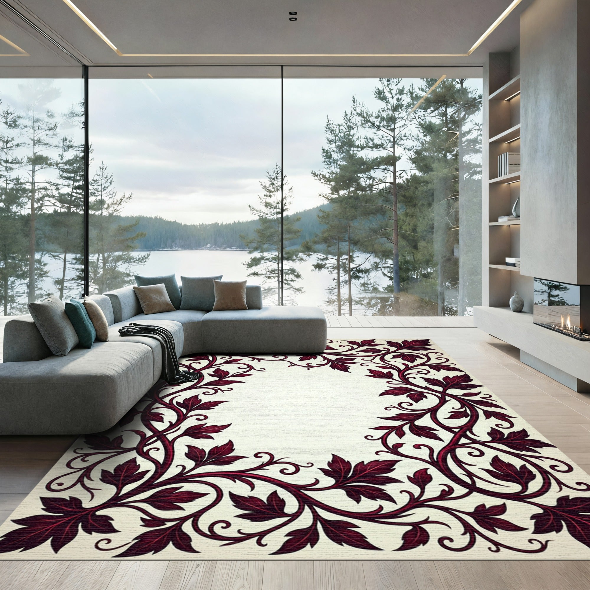 Deep Burgundy Acanthus Scroll Border Rug