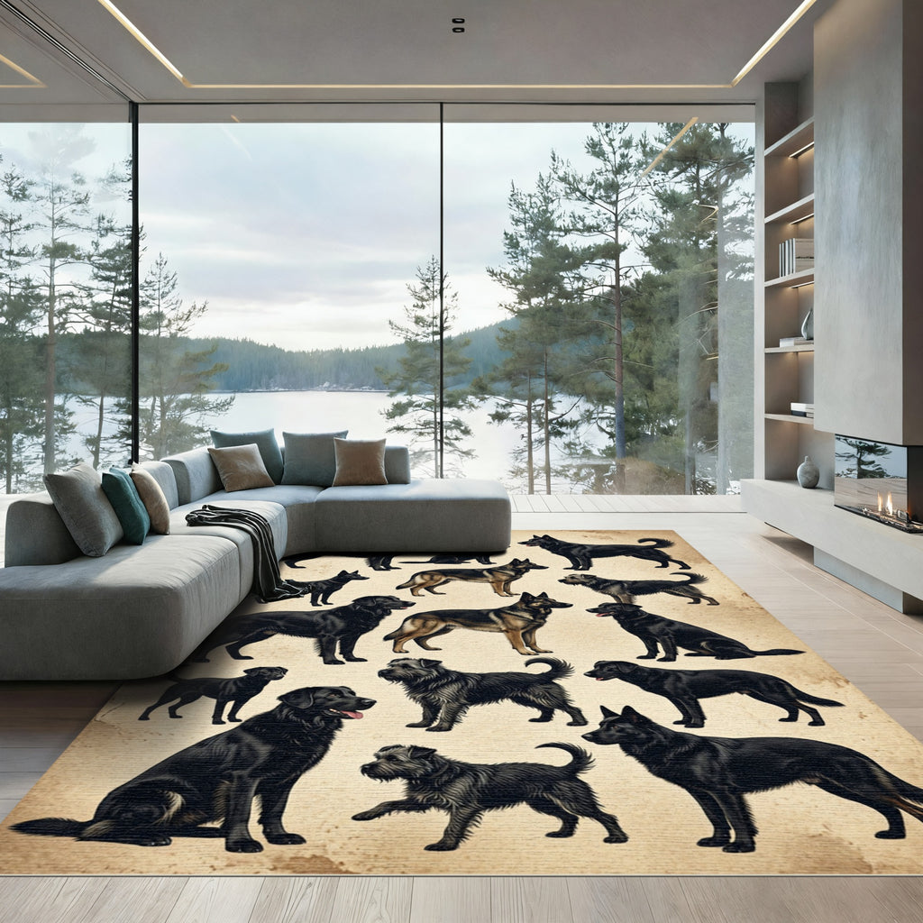 Vintage Black Dog Sketch Illustration Rug