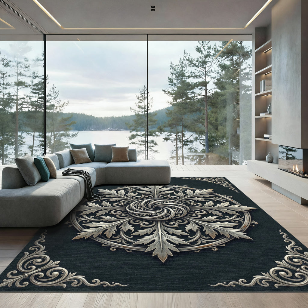 Elegant Silver Acanthus Swirl Medallion Rug