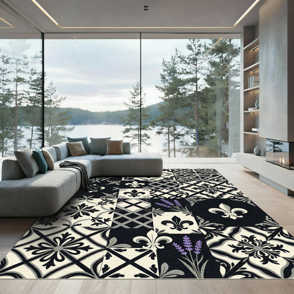 Black White Lavender Fleur De Lis Medallion Rug