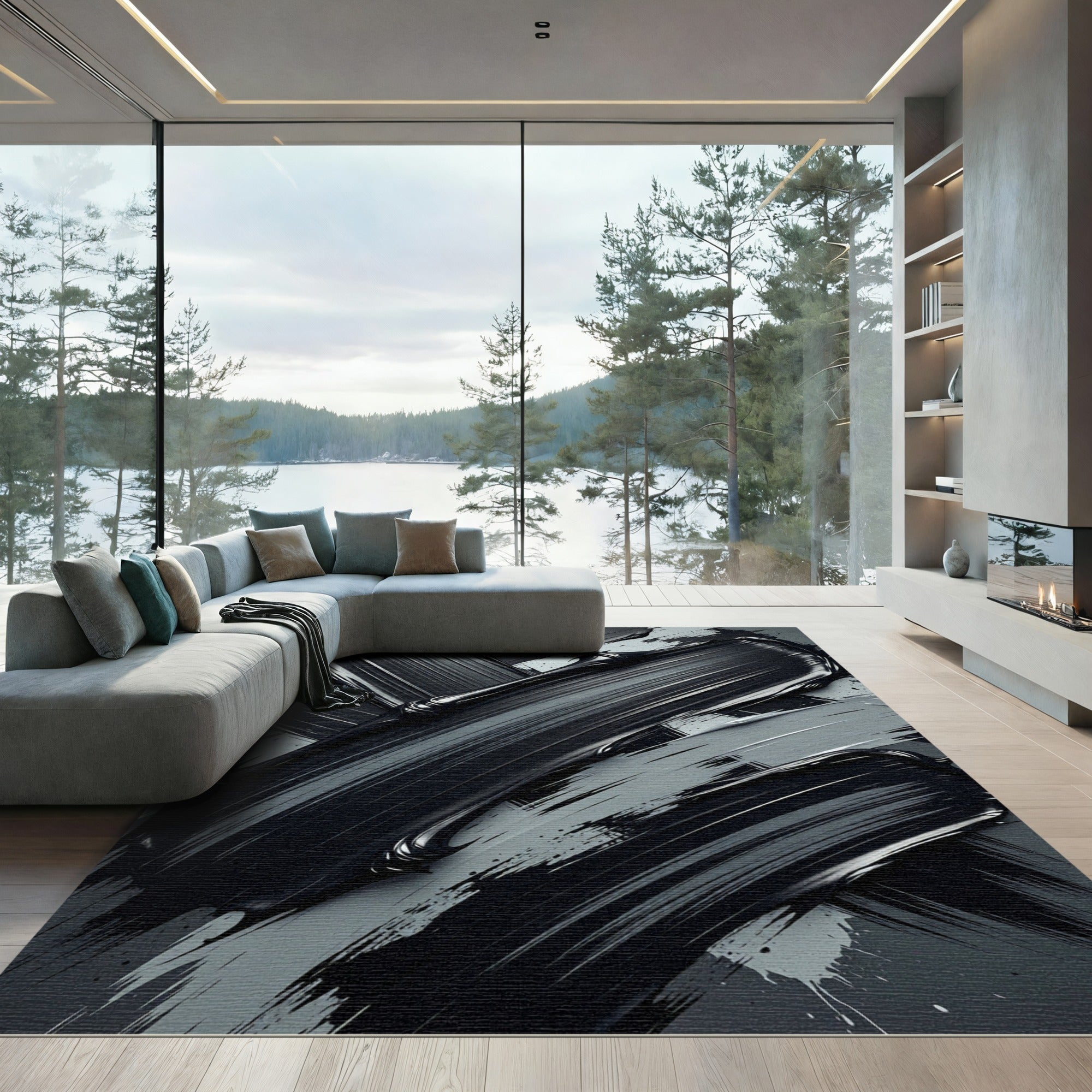 Modern Monochrome Abstract Charcoal Brush Strokes Rug
