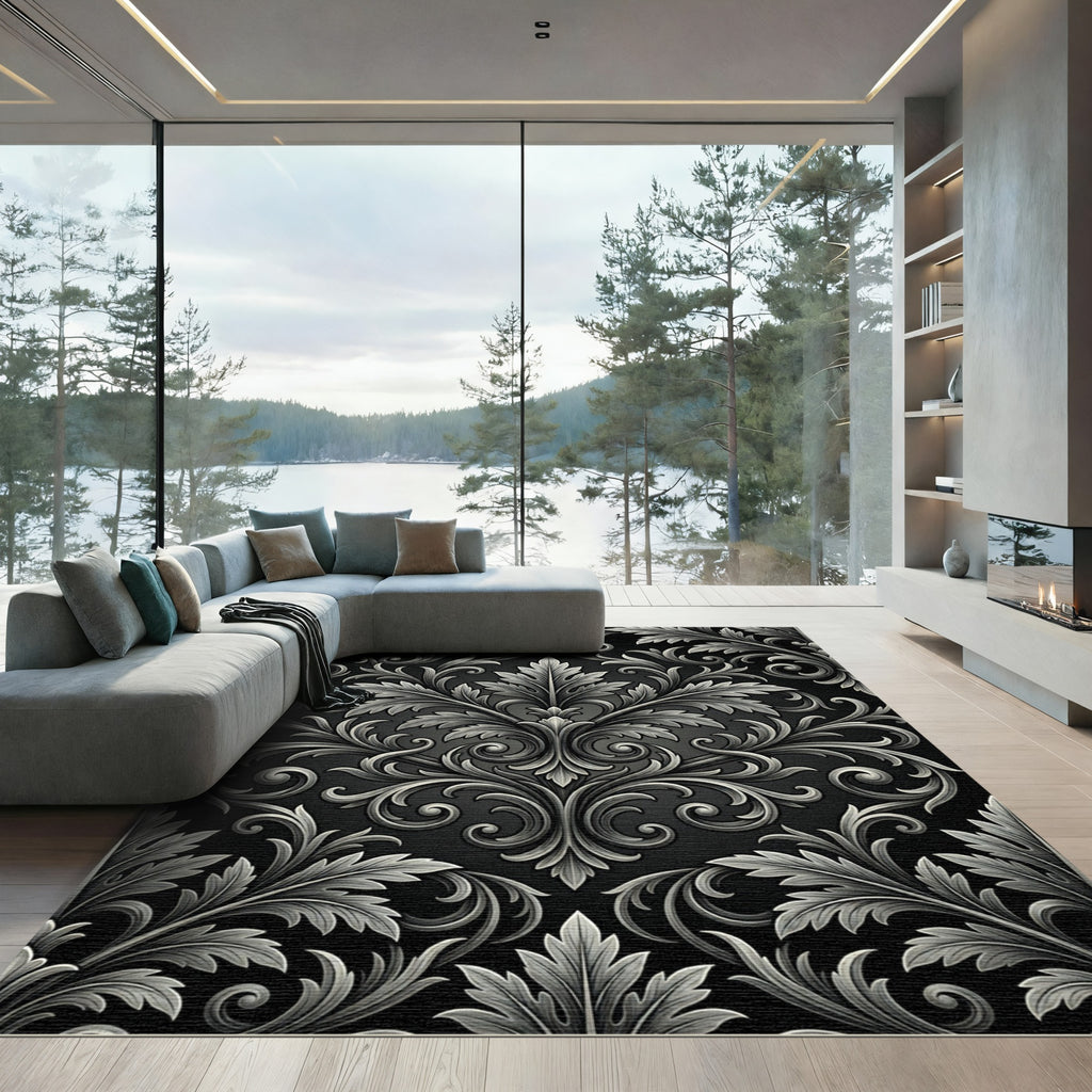 Classic Gray Acanthus Leaf Damask Rug