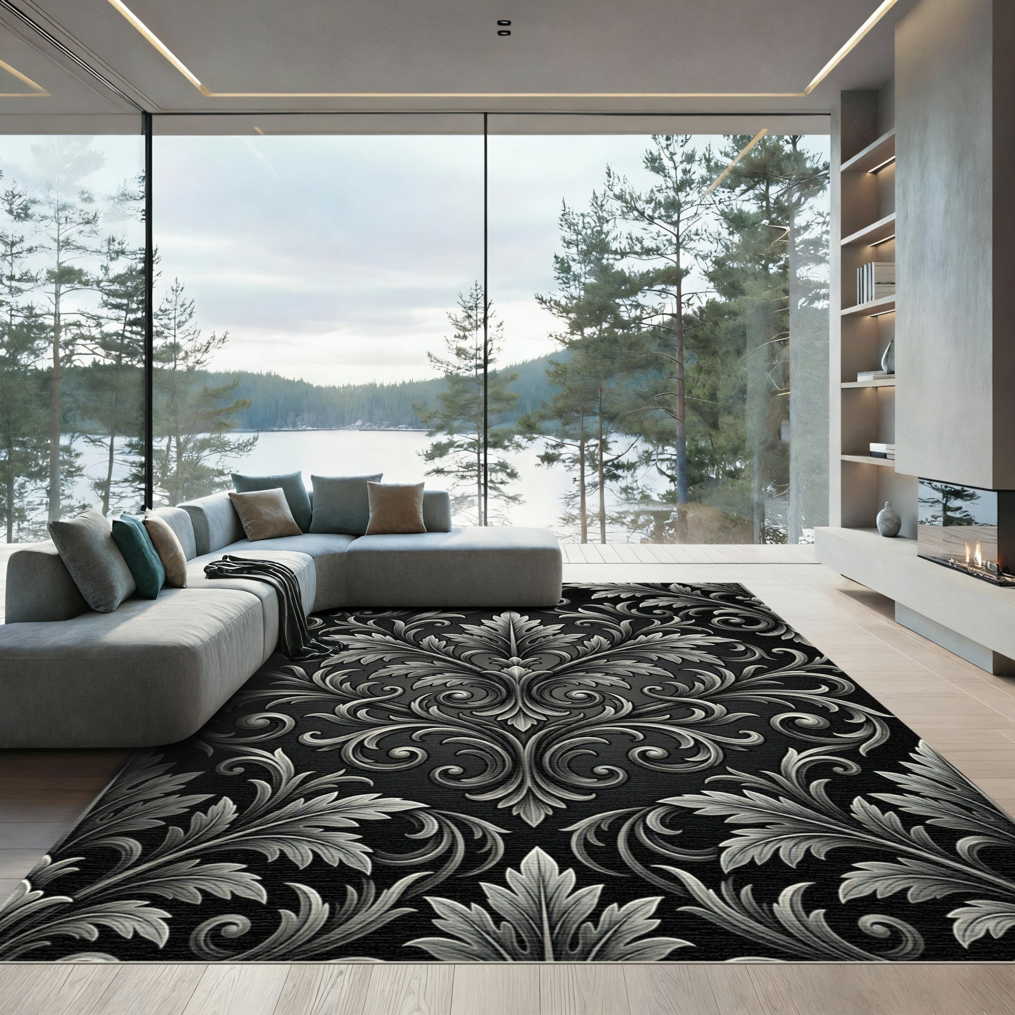 Classic Gray Acanthus Leaf Damask Rug