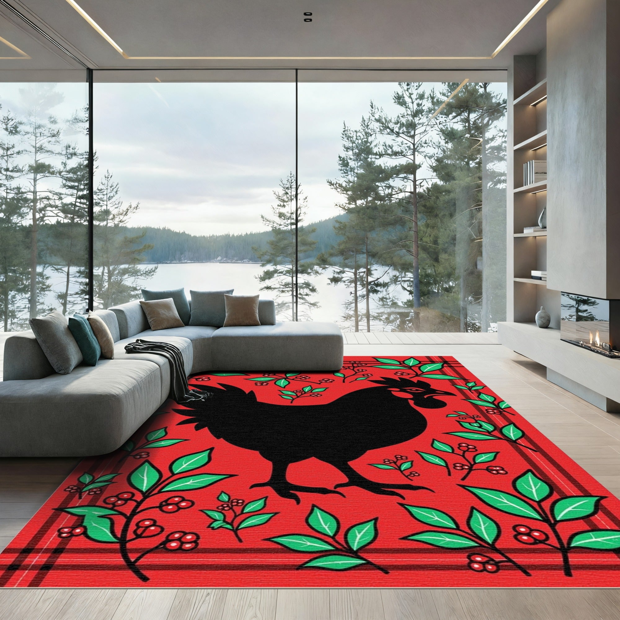 Bold Black Rooster Red Plaid Floral Rug