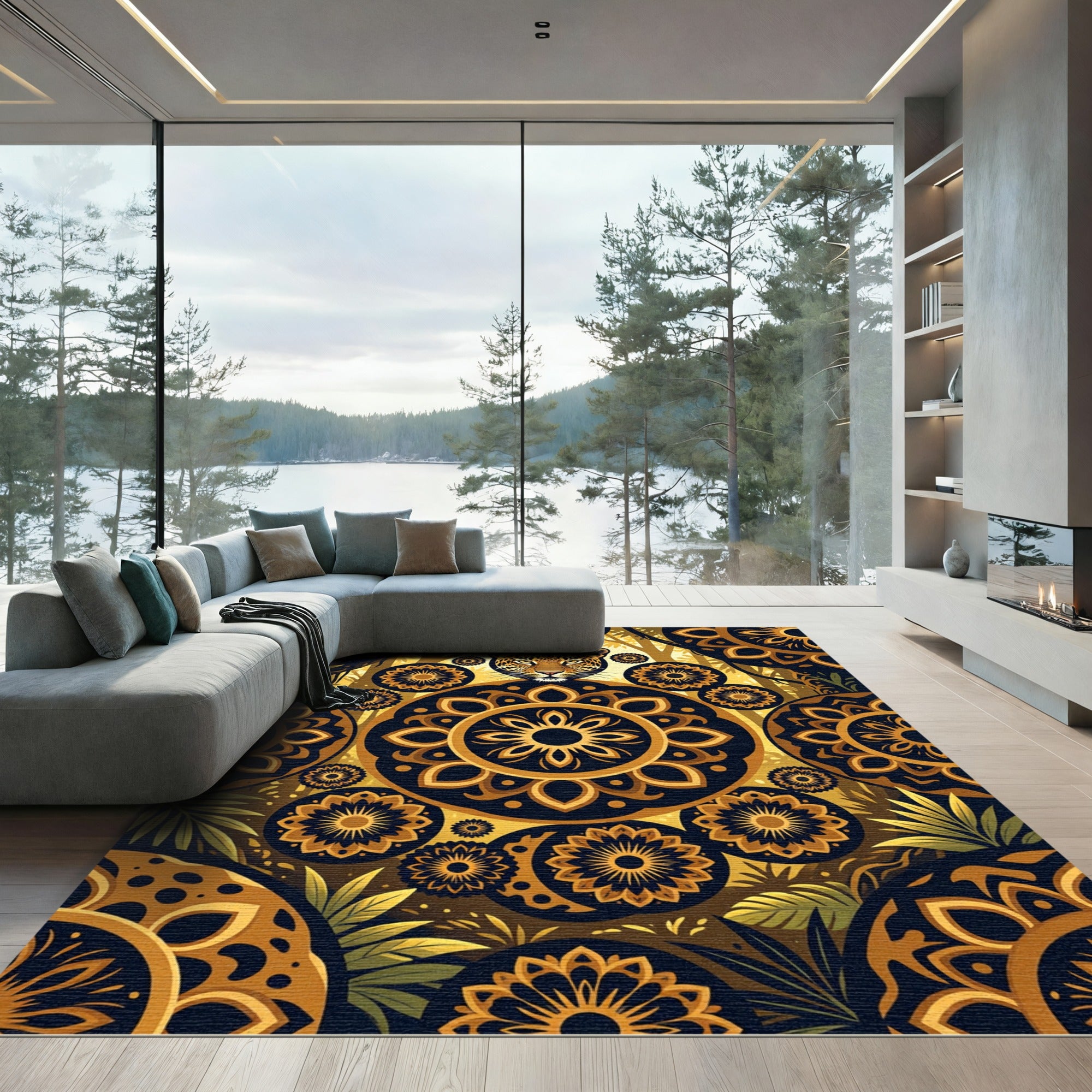 Golden Jaguar Mandala Jungle Forest Art Rug