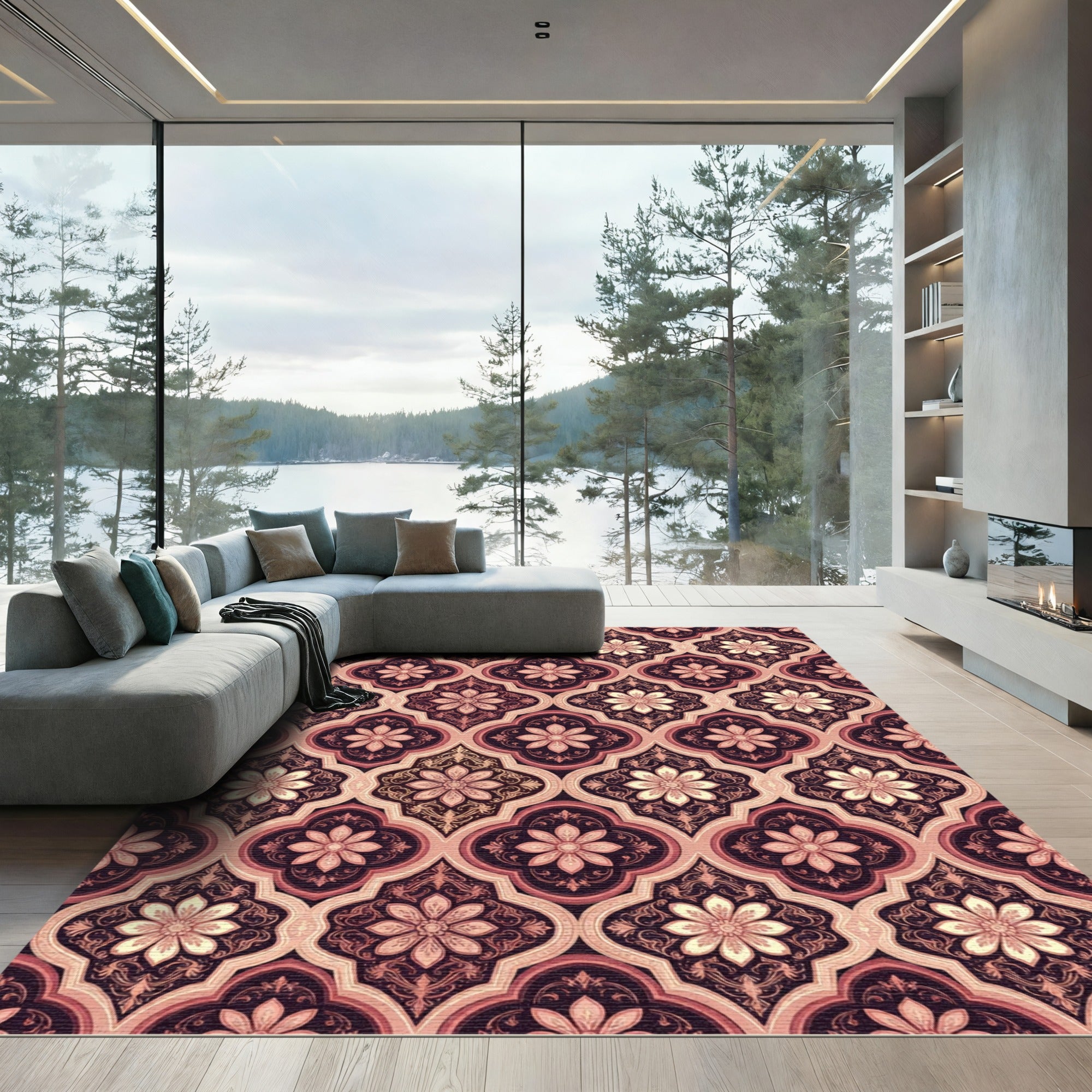 Dusty Rose Floral Quatrefoil Pattern Rug
