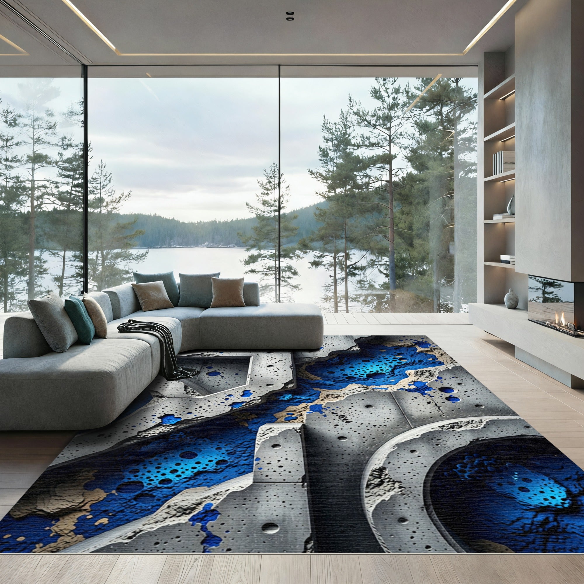 Concrete Blue Crater Texture Graphic Rug