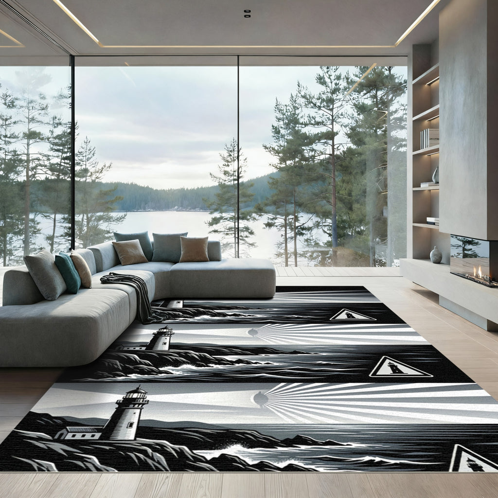 Monochrome Coastal Lighthouse Graphic Ink Art Rug
