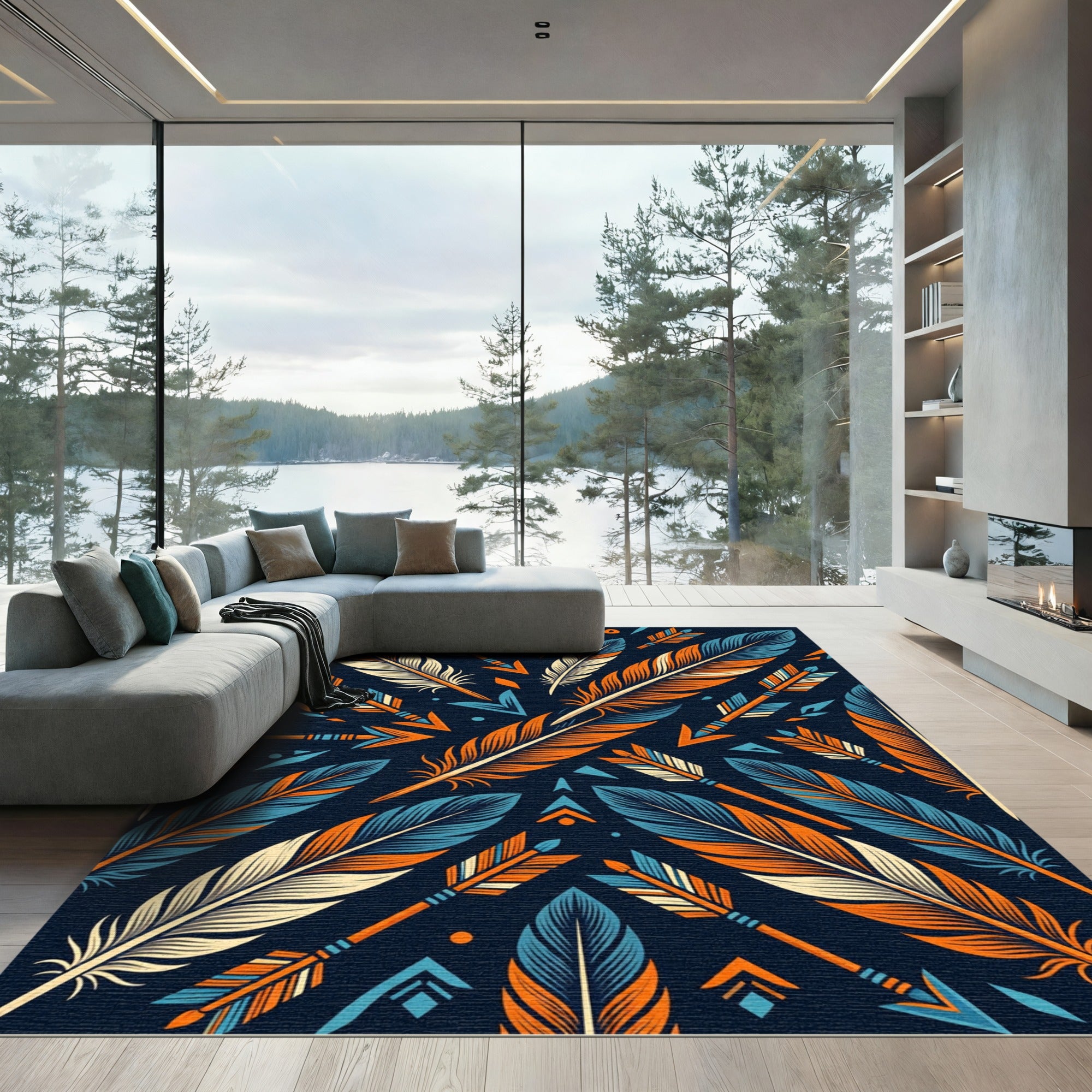 Arrow Feather Geometric Navy Orange Rug