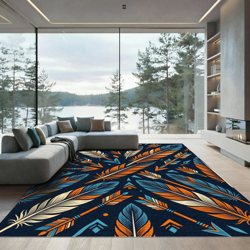 Arrow Feather Geometric Navy Orange Rug