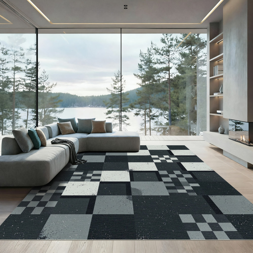 Monochromatic Abstract Geometric Pixel Checkered Rug